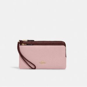 Coach Double Zip Wallet in Powder Pink and Wine Multi
